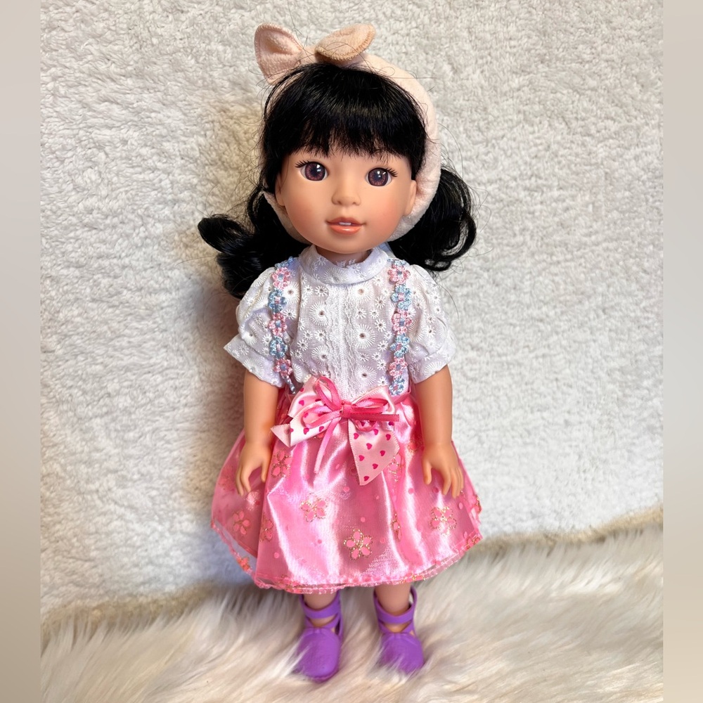 American Girl Doll mini with Satin Floral Dress White Blouse and Purple Shoes